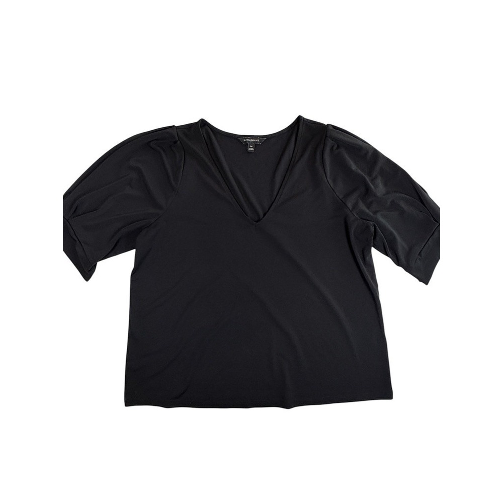 Banana Republic V-Neck Crepe Top Women M Black Puff Short Sleeve 812545-03